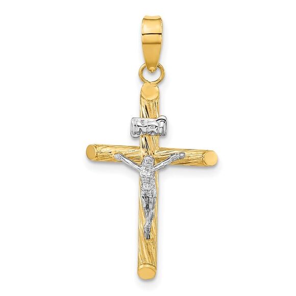 14k Yellow Gold w/White Rhod Polished & Textured INRI Crucifix Cross Pendant